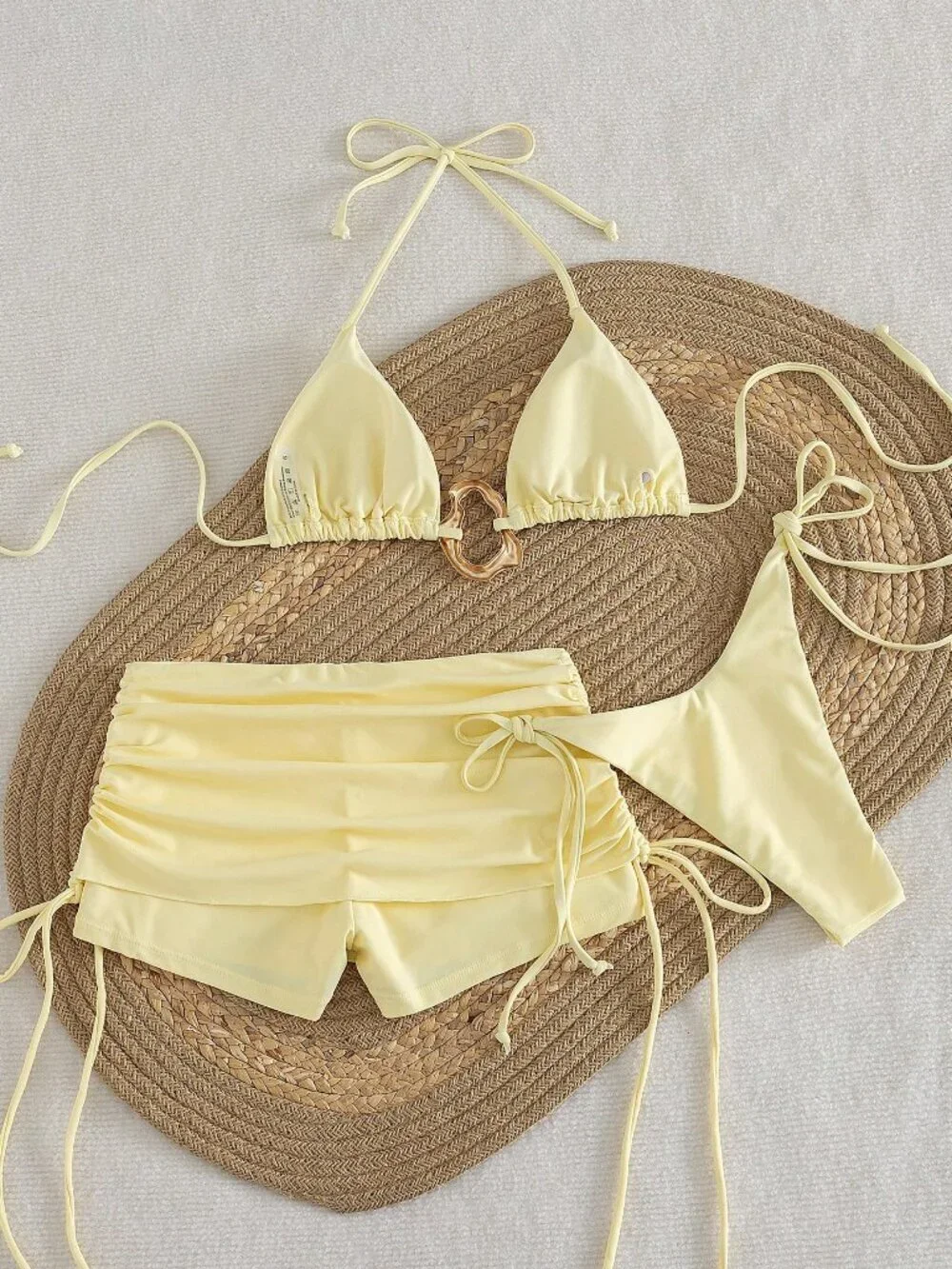 Yellow Elegant Women's Bikini Swimwear Set Backless Top & Shorts